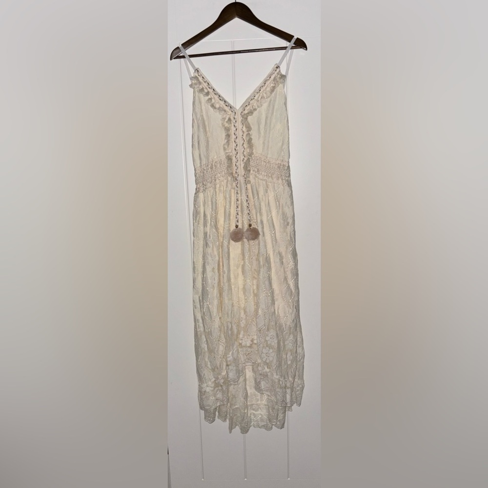 Women Crochet Lace Midi‎ Dress Lined Boho Hippie Pom Pom Cottagecore Festive 2XL